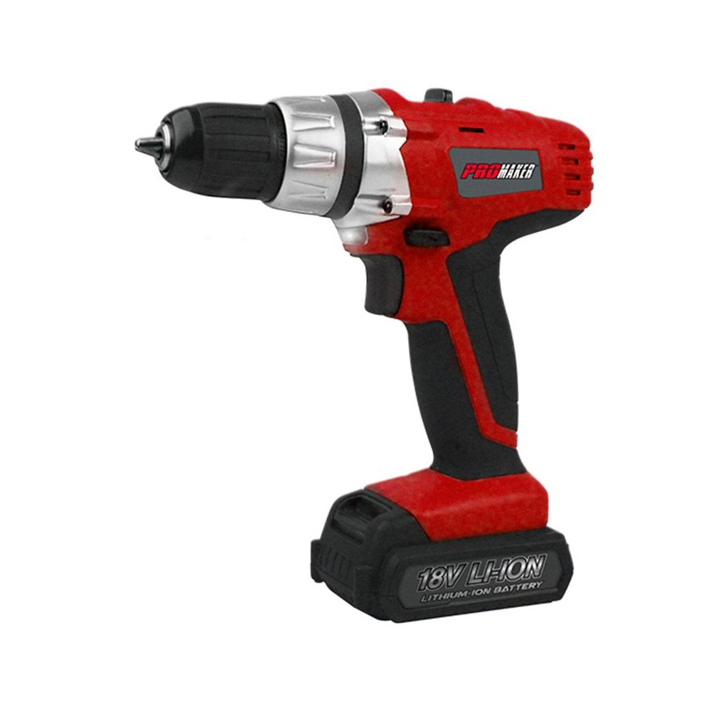 Promaker Cordeless Drill Driver 18.0V LI-ION PRO-TI18.2
Battery: LI-ION
Voltage: 18V
Speed: 0-350 / 0-1150rpm
Chuck size: 3/8in(10 mm)
Weight: 2.14Lb
Max torque: 270 Lb.In