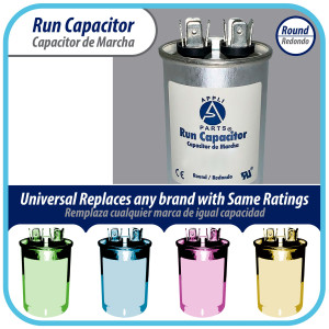 Appli Parts Run Capacitor for ac 65 Mfd uF (microfarads) 370 VAC or 450 VAC CBB65 Round Universal fit for hvac and other applications 4-3/4 in High 2 in Wide CON-65-450