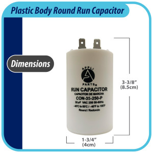 Appli Parts Run Capacitor for electric motors 35 Mfd uF (microfarads) 250VAC Plastic Case with terminals CBB60 Round Universal fit water pumps and others 3-3/8 in High 1-3/4 in Wide CON-35-250-P