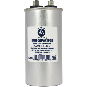 Appli Parts Run Capacitor for ac 45 Mfd uF (microfarads) 370 VAC or 450 VAC CBB65 Round Universal fit for hvac and other applications 4-1/4 in High 1-7/8 in Wide CON-45-450