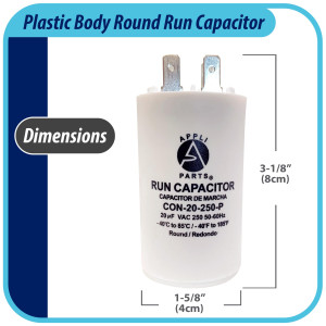 Appli Parts Run Capacitor for electric motors 20 Mfd uF (microfarads) 250VAC Plastic Case with terminals CBB60 Round Universal fit water pumps and others 3-1/8 in High 1-5/8 in Wide CON-20-250-P