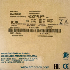 Embraco EGAS100HLR Compressor 1/3 HP Compatible with R134a, 220/1/50/60 (V/Ph/Hz) LBP