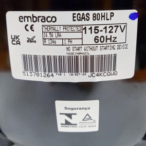 Embraco EGAS 80HLR 1/4HP Compatible with R134a, Fractional Refrigeration Compressor LBP 115/1/60 (V/Ph/Hz)