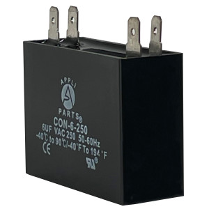 Appli Parts Fan Capacitor 6 mfd (microfarads) uf 250 VAC 4 Terminal Connections compatible with any brand within the same range of capacitance 1-7/8in Width 3/4in Depth 1-3/4in Height CAP-6-250