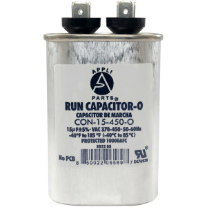 Appli Parts Run Capacitor for ac 15 Mfd uF (microfarads) 370 VAC or 450 VAC CBB65 Oval Universal fit for hvac and other applications 3-1/2in H 1-3/8in W 2-1/8in L CON-15-450-O
