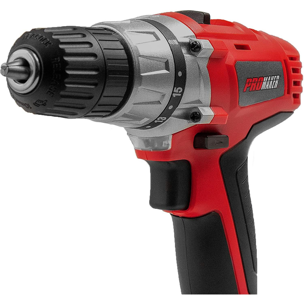 Promaker Cordeless Drill Driver 14.4V LI-ION PRO-TI14.4
Battery: LI-ION
Voltage: 14.4V
Speed: 0-350 / 0-1150rpm
Chuck size: 3/8in(10 mm)
Weight: 2.14Lb
Max torque: 270 Lb.In