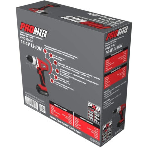 Promaker Cordeless Drill Driver 14.4V LI-ION PRO-TI14.4
Battery: LI-ION
Voltage: 14.4V
Speed: 0-350 / 0-1150rpm
Chuck size: 3/8in(10 mm)
Weight: 2.14Lb
Max torque: 270 Lb.In
