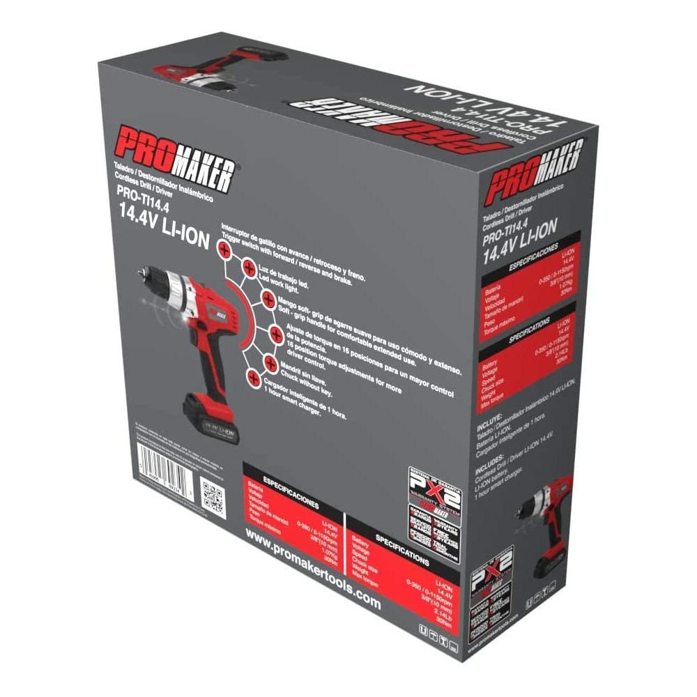 Promaker Cordeless Drill Driver 14.4V LI-ION PRO-TI14.4
Battery: LI-ION
Voltage: 14.4V
Speed: 0-350 / 0-1150rpm
Chuck size: 3/8in(10 mm)
Weight: 2.14Lb
Max torque: 270 Lb.In