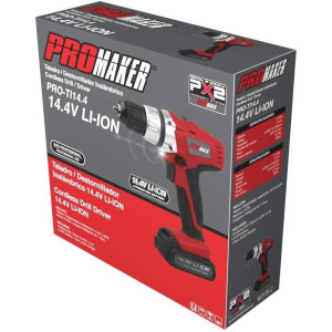 Promaker Cordeless Drill Driver 14.4V LI-ION PRO-TI14.4
Battery: LI-ION
Voltage: 14.4V
Speed: 0-350 / 0-1150rpm
Chuck size: 3/8in(10 mm)
Weight: 2.14Lb
Max torque: 270 Lb.In