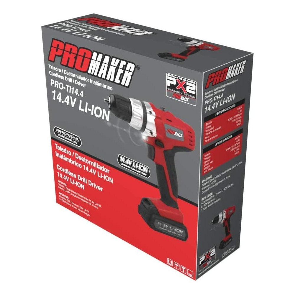 Promaker Cordeless Drill Driver 14.4V LI-ION PRO-TI14.4
Battery: LI-ION
Voltage: 14.4V
Speed: 0-350 / 0-1150rpm
Chuck size: 3/8in(10 mm)
Weight: 2.14Lb
Max torque: 270 Lb.In