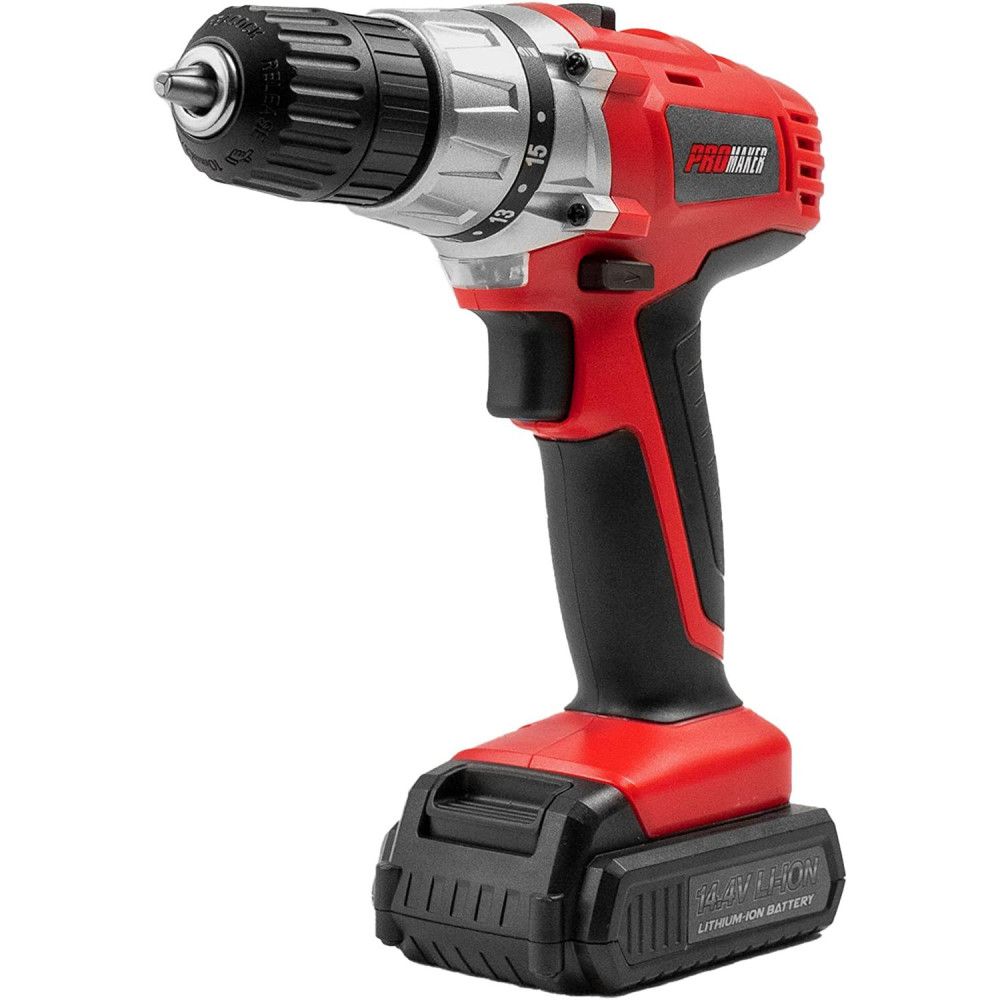 Promaker Cordeless Drill Driver 14.4V LI-ION PRO-TI14.4
Battery: LI-ION
Voltage: 14.4V
Speed: 0-350 / 0-1150rpm
Chuck size: 3/8in(10 mm)
Weight: 2.14Lb
Max torque: 270 Lb.In