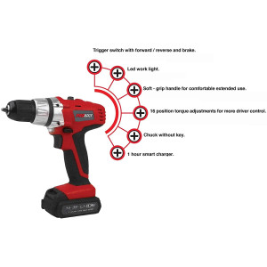 Promaker Cordeless Drill Driver 14.4V LI-ION PRO-TI14.4
Battery: LI-ION
Voltage: 14.4V
Speed: 0-350 / 0-1150rpm
Chuck size: 3/8in(10 mm)
Weight: 2.14Lb
Max torque: 270 Lb.In