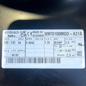 Embraco UNT0100MGD-A21A Condensing Unit 1HP Compatible with R404A, 230 V,1 Ph,60 Hz, MHBP, w/NO Outdoor Cover