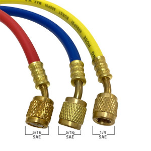 Appli Parts APMG-H36840 36 in Long 1/4 in SAE x 5/16 in SAE Red/Blue Hose, 1/4 in x 1/4 in SAE Yellow Refrigerant Hoses for use with HVAC Manifold gauges R410, rated 800-4000psi, for R410 AC systems