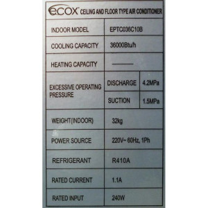Ceiling/Floor 36.000btu Compatible with R410A, 230v/60hz/1ph Ecox Eptc036c10b