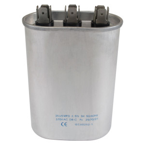 Appli Parts Dual Run Capacitor for ac 25+5 Mfd uF (microfarads) 370VAC CBB65 Oval Universal fit for hvac and other applications 2-3/4 in Wide 1-3/4 in Depth 4-1/8 Height CON-25/5-370