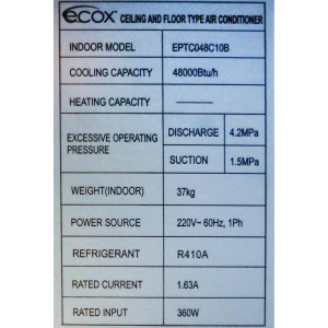 Ceiling/Floor 48.000btu Compatible with R22, R410A, 230v/60hz/1ph Ecox EPTC048C10B