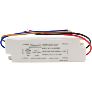 Tauras VD-12030A0690 Ballast Input Voltage 100-240 VAC, Output Power 30W, Output Voltage 12 VDC, IP Rating IP67, Plastic Housing, Certification CE(LVD),UL,Class2,CB, -25 to 40 C

