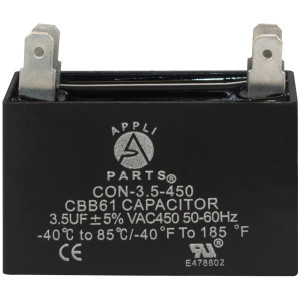Appli Parts CAP-3.5-450 Fan Capacitor 3.5 mfd (microfarads) uf 450 VAC with 4 Terminal Connections compatible with any brand within the same range capacitance 1-7/8in Width 3/4in Depth 1-1/2in Height