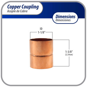 Appli Parts AP-A118 1-1/8 in Wrot Copper Coupling fitting CxC Sweat connections for refrigeration, air conditioning and plumbing applications ACR and Type L copper pipe