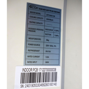 Ceiling/Floor 60.000btu Compatible with R22, R410A, 230v/60hz/1ph Ecox Eptc060c10b