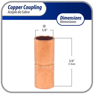 Appli Parts AP-A014 1/4 in Wrot Copper Coupling fitting CxC Sweat connections for refrigeration, air conditioning and plumbing applications ACR and Type L copper pipe
