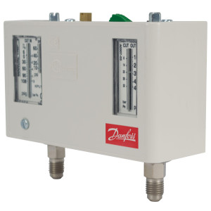 Danfoss 060-5249 KPU15B Dual Pressure Switch, Low 10 to 60 psi, High 100 to 465 psi, SPST (NO+NC), Auto Manual Max Reset, 1/4 in Male Flare Connections
