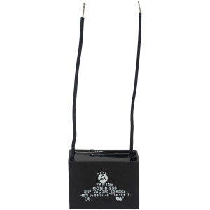 Appli Parts Fan Capacitor 8 mfd (microfarads) uf 250 VAC with 2 Wire Terminal Connections compatible with any brand with same capacitance 1-7/8in Width 7/8in Depth 1-3/8in Height CAP-8-250-2C