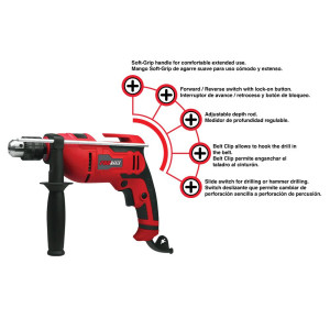 Promaker 1/2in Hammer Drill PRO-TP500
Voltage - Frequency: 120V - 60Hz
Amperage: 5.0AMP
Power: 500W
Speed: 0-2800rpm
Chuck size: 1/2in (13mm)
Weight: 4.62Lb
Cord: 6.5ft