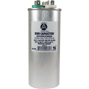 Appli Parts Dual Run Capacitor for ac 35+10 Mfd uF (microfarads) 370VAC CBB65 Round Universal fit for hvac and other applications 2 in Wide 5-1/4 in Height CON-35/10-370-R

