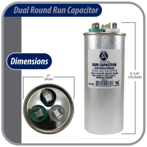 Appli Parts Dual Run Capacitor for ac 35+10 Mfd uF (microfarads) 370VAC CBB65 Round Universal fit for hvac and other applications 2 in Wide 5-1/4 in Height CON-35/10-370-R

