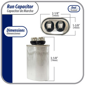 Appli Parts Run Capacitor for ac 10 Mfd uF (microfarads) 370 VAC or 450 VAC CBB65 Oval Universal fit for hvac and other applications 3-1/8in H 1-3/8in W 2-1/8in L  CON-10-450-O