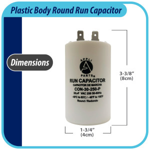Appli Parts Run Capacitor for electric motors 30 Mfd uF (microfarads) 250VAC Plastic Case with terminals CBB60 Round Universal fit water pumps and others 3-3/8 in High 1-3/4 in Wide CON-30-250-P