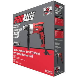 Promaker 1/2in Hammer Drill PRO-TP800
Voltage - Frequency: 120V - 60Hz
Amperage: 7.0AMP
Power: 800W
Speed: 0-2800rpm
Chuck size: 1/2in (13mm)
Weight: 5.06Lb
Cord: 6.5ft