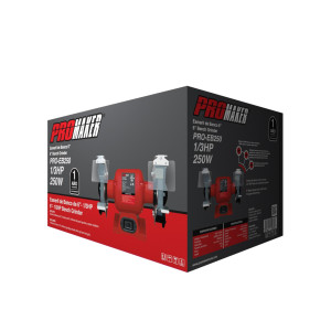 Promaker 6in Bench Grinder PRO-EB250
Voltage - Frequency: 120V - 60Hz
Amperage: 2.1AMP
Power: 250W(1/3HP)
Speed: 3400rpm
Chuck size: 6in x 3/4in x 1/2in
Weight: 26.40Lb
Cord: 6.5ft