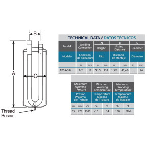Appli Parts APSA-384 1/2 in Suction Line Accumulator for Refrigeration systems R22,R134a,R404A,R507 Maximum pressure 478 psi Temperature between 14 F and 266 F Appli Parts APSA-384 1/2 in Suction Line Accumulator for Refrigeration systems R22,R134a,R404A,R507 Maximum pressure 478 psi Temperature between 14 F and 266 F