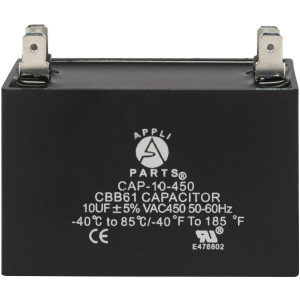 Appli Parts Fan Capacitor 10 mfd (microfarads) uf 450 VAC 4 Terminal Connections compatible with any brand within the same range of capacitance 2-1/4in Width 7/8in Depth 1-7/8in Height CAP-10-450 Appli Parts Fan Capacitor 10 mfd (microfarads) uf 450 VAC 4 Terminal Connections compatible with any brand within the same range of capacitance 2-1/4in Width 7/8in Depth 1-7/8in Height CAP-10-450