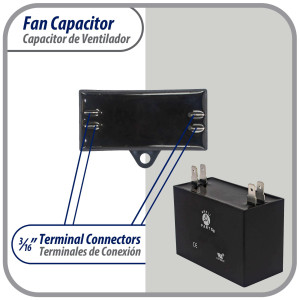 Appli Parts CAP-10-450 Fan Capacitor 10 mfd (microfarads) uf 450 VAC 4 Terminal Connections compatible with any brand within the same range of capacitance 2-1/4in Width 7/8in Depth 1-7/8in Height