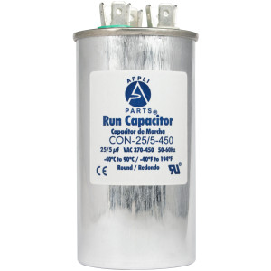 Appli Parts Dual Run Capacitor for ac 25+5 Mfd uF (microfarads) 370VAC or 450VAC CBB65 Round Universal fit for hvac and other applications 4-1/4 in High 2 in Wide CON-25/5-450
 Appli Parts Dual Run Capacitor for ac 25+5 Mfd uF (microfarads) 370VAC or 450VAC CBB65 Round Universal fit for hvac and other applications 4-1/4 in High 2 in Wide CON-25/5-450