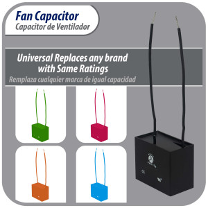 Appli Parts Fan Capacitor 9 mfd (microfarads) uf 250 VAC with 2 Wire Terminal Connections compatible with any brand with same capacitance 2-1/4in Width 3/4in Depth 1-3/8in Height CAP-9-250-2C Appli Parts Fan Capacitor 9 mfd (microfarads) uf 250 VAC with 2 Wire Terminal Connections compatible with any brand with same capacitance 2-1/4in Width 3/4in Depth 1-3/8in Height CAP-9-250-2C