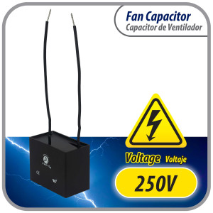 Appli Parts Fan Capacitor 9 mfd (microfarads) uf 250 VAC with 2 Wire Terminal Connections compatible with any brand with same capacitance 2-1/4in Width 3/4in Depth 1-3/8in Height CAP-9-250-2C Appli Parts Fan Capacitor 9 mfd (microfarads) uf 250 VAC with 2 Wire Terminal Connections compatible with any brand with same capacitance 2-1/4in Width 3/4in Depth 1-3/8in Height CAP-9-250-2C