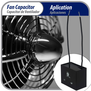 Appli Parts Fan Capacitor 9 mfd (microfarads) uf 250 VAC with 2 Wire Terminal Connections compatible with any brand with same capacitance 2-1/4in Width 3/4in Depth 1-3/8in Height CAP-9-250-2C Appli Parts Fan Capacitor 9 mfd (microfarads) uf 250 VAC with 2 Wire Terminal Connections compatible with any brand with same capacitance 2-1/4in Width 3/4in Depth 1-3/8in Height CAP-9-250-2C