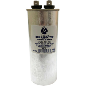 Appli Parts Run Capacitor for ac 60 Mfd uF (microfarads) 370 VAC or 450 VAC CBB65 Round Universal fit for hvac and other applications 5-7/16 in High 2 in Wide CON-60-450 Appli Parts Run Capacitor for ac 60 Mfd uF (microfarads) 370 VAC or 450 VAC CBB65 Round Universal fit for hvac and other applications 5-7/16 in High 2 in Wide CON-60-450