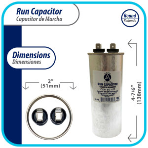 Appli Parts Run Capacitor for ac 60 Mfd uF (microfarads) 370 VAC or 450 VAC CBB65 Round Universal fit for hvac and other applications 5-7/16 in High 2 in Wide CON-60-450 Appli Parts Run Capacitor for ac 60 Mfd uF (microfarads) 370 VAC or 450 VAC CBB65 Round Universal fit for hvac and other applications 5-7/16 in High 2 in Wide CON-60-450