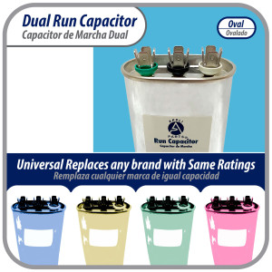 Appli Parts Dual Run Capacitor for ac 25+5 Mfd uF (microfarads) 370VAC CBB65 Oval Universal fit for hvac and other applications 2-3/4 in Wide 1-3/4 in Depth 4-1/8 Height CON-25/5-370 Appli Parts Dual Run Capacitor for ac 25+5 Mfd uF (microfarads) 370VAC CBB65 Oval Universal fit for hvac and other applications 2-3/4 in Wide 1-3/4 in Depth 4-1/8 Height CON-25/5-370