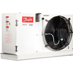 Danfoss 114U0014 Evaporator Optyma LMBP R404 13.1K Btu/hr at 25F SST MBP 14.6K Btu/hr at -20F SST LBP Electric Defrost 6FPI Low Profile 3 x 12in ECM Fans DACC RX L123.1A4/E1 230V/1Ph/60Hz