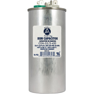 Appli Parts Dual Run Capacitor for ac 55+5 Mfd uF (microfarads) 370VAC or 450VAC CBB65 Round Universal fit for hvac and other applications 5-1/8 in High 2 in Wide CON-55/5-450 Appli Parts Dual Run Capacitor for ac 55+5 Mfd uF (microfarads) 370VAC or 450VAC CBB65 Round Universal fit for hvac and other applications 5-1/8 in High 2 in Wide CON-55/5-450