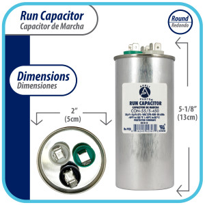 Appli Parts Dual Run Capacitor for ac 55+5 Mfd uF (microfarads) 370VAC or 450VAC CBB65 Round Universal fit for hvac and other applications 5-1/8 in High 2 in Wide CON-55/5-450 Appli Parts Dual Run Capacitor for ac 55+5 Mfd uF (microfarads) 370VAC or 450VAC CBB65 Round Universal fit for hvac and other applications 5-1/8 in High 2 in Wide CON-55/5-450