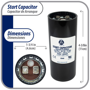 Appli Parts motor start capacitor 590-708 Mfd (microfarads) uF 250 VAC universal fit for electric motor applications 1-3/4 in Diameter 4-3/8 in Height CON-590-250
 Appli Parts motor start capacitor 590-708 Mfd (microfarads) uF 250 VAC universal fit for electric motor applications 1-3/4 in Diameter 4-3/8 in Height CON-590-250