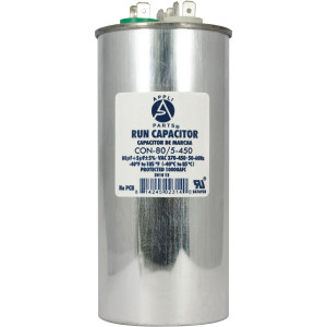 Appli Parts Dual Run Capacitor for ac 80+5 Mfd uF (microfarads) 370VAC or 450VAC CBB65 Round Universal fit for hvac and other applications 5-1/2 in High 2-1/4 in Wide CON-80/5-450 Appli Parts Dual Run Capacitor for ac 80+5 Mfd uF (microfarads) 370VAC or 450VAC CBB65 Round Universal fit for hvac and other applications 5-1/2 in High 2-1/4 in Wide CON-80/5-450